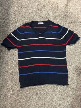 Navy V-Neck Striped Sweater with Red, White & Blue Bands